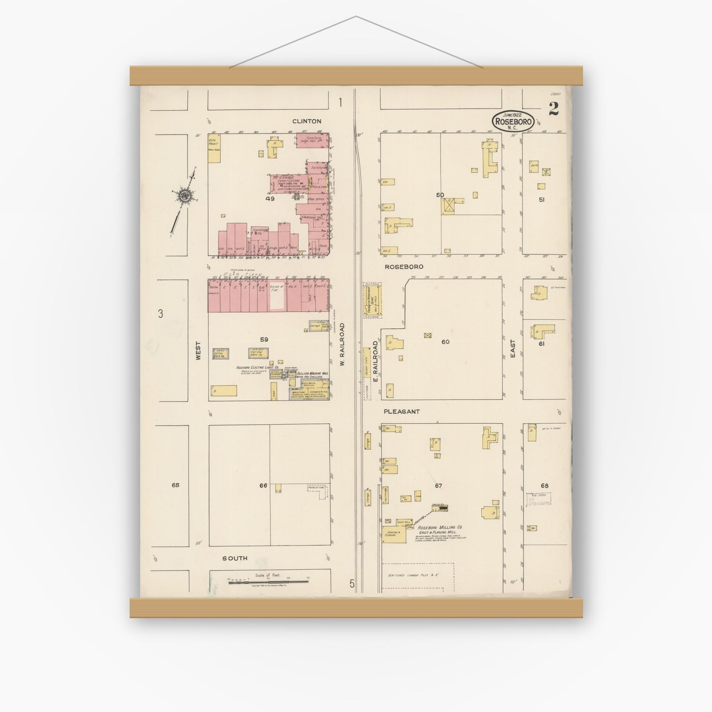 Old map wall art mockup — magnetic wood frame on white wall — Sanborn Fire Insurance Map from Roseboro, Sampson County, North Carolina (1922), Sheet #0002