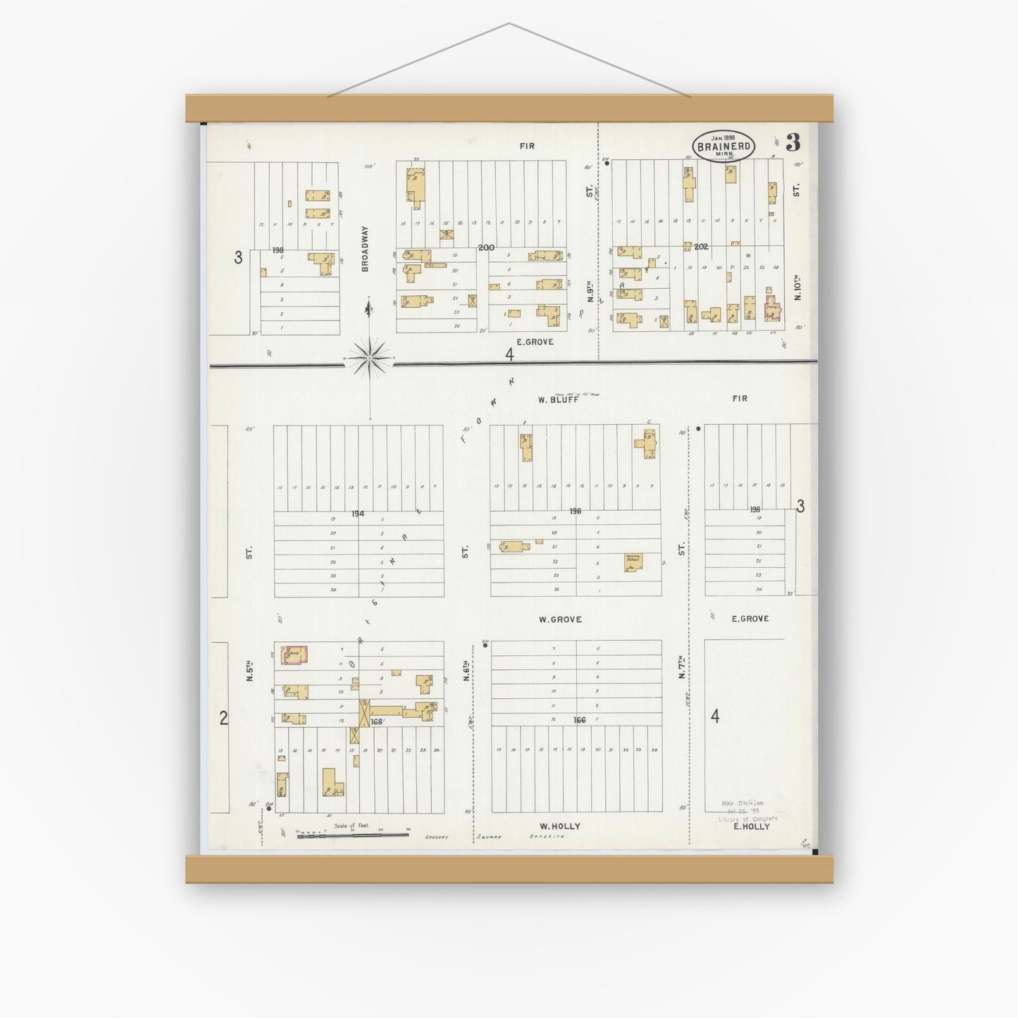 Old map wall art mockup — magnetic wood frame on white wall — Sanborn Fire Insurance Map from Brainerd, Crow Wing County, Minnesota (1898), Sheet #0003