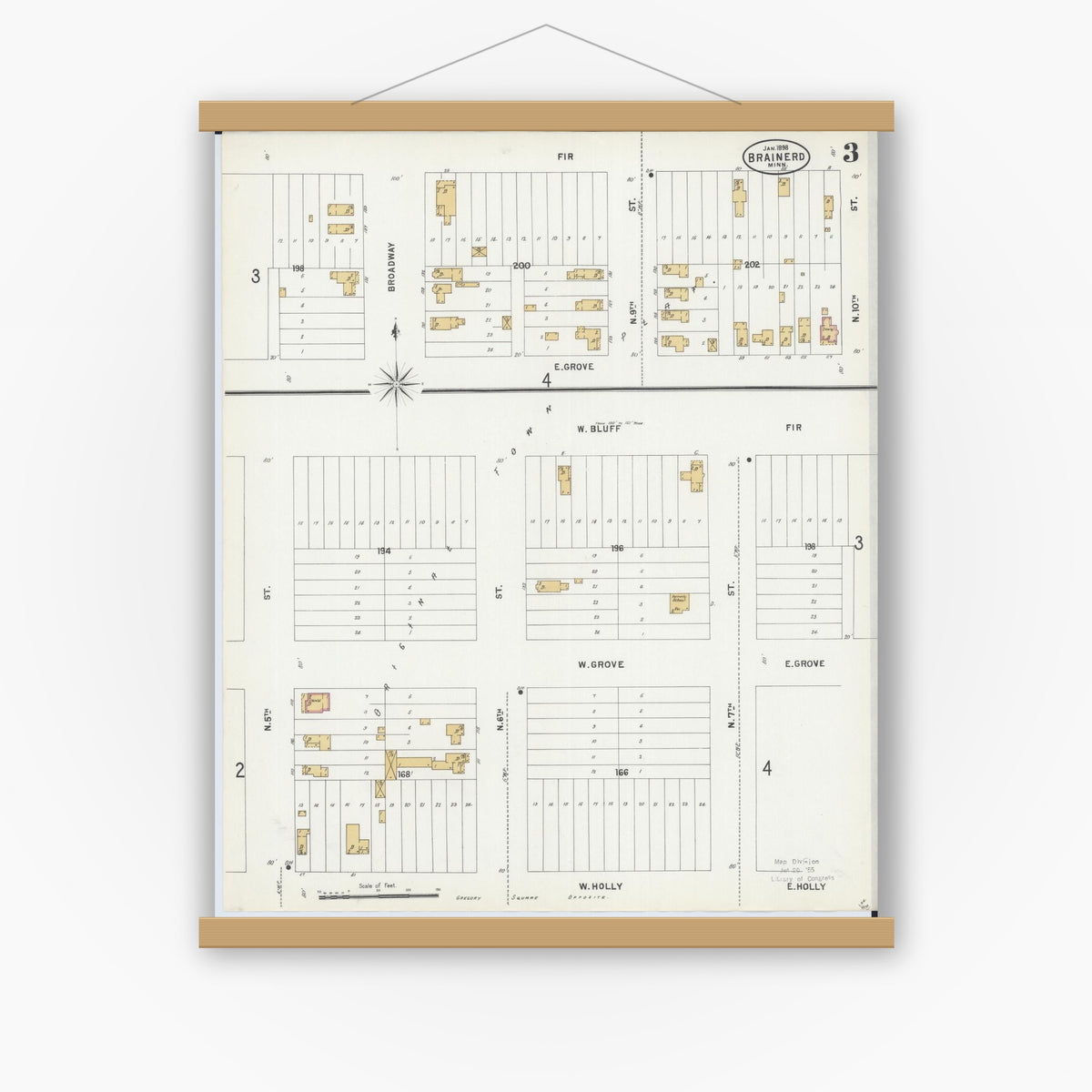 Old map wall art mockup — magnetic wood frame on white wall — Sanborn Fire Insurance Map from Brainerd, Crow Wing County, Minnesota (1898), Sheet #0003