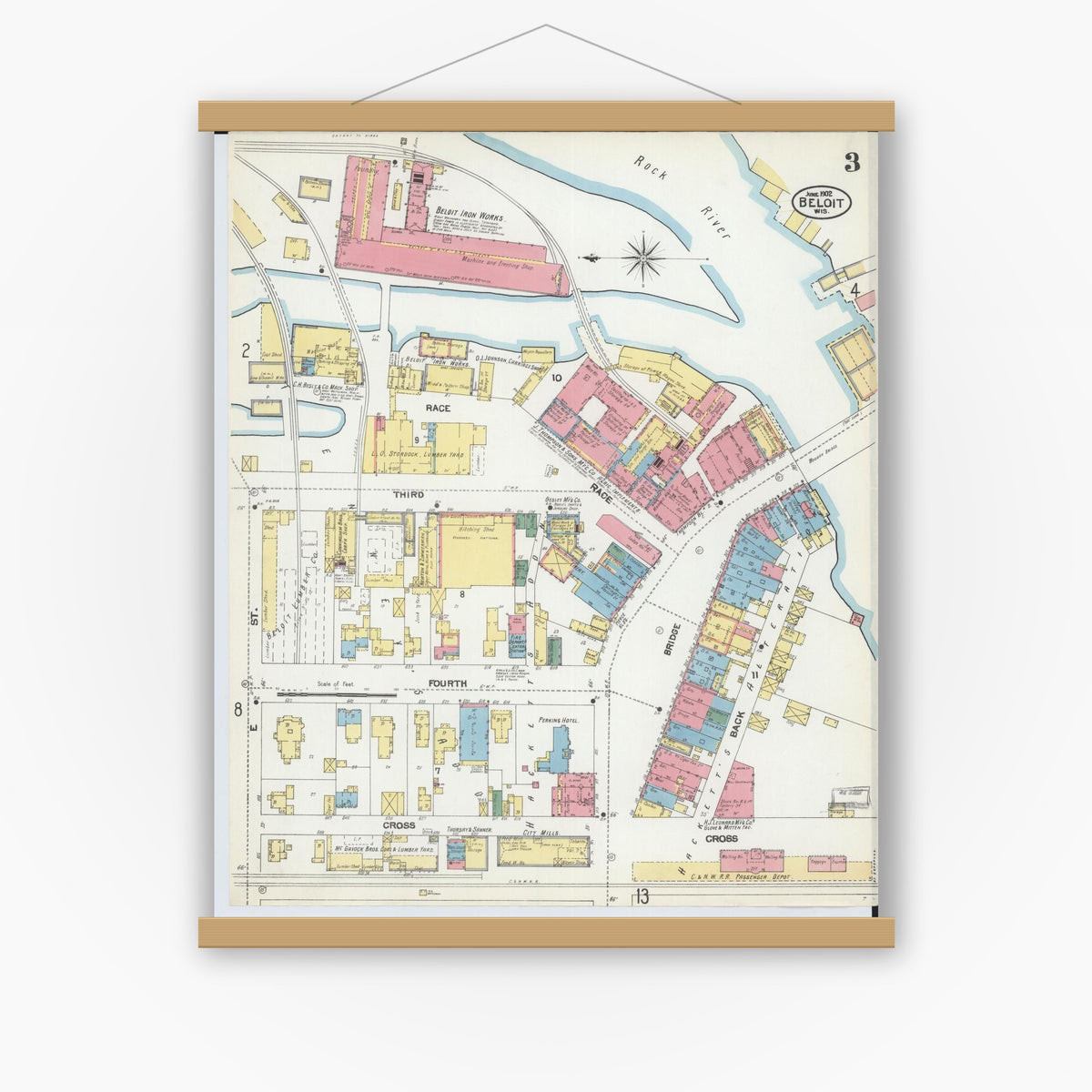 Old map wall art mockup — magnetic wood frame on white wall — Sanborn Fire Insurance Map from Beloit, Rock County, Wisconsin (1902), Sheet #0003