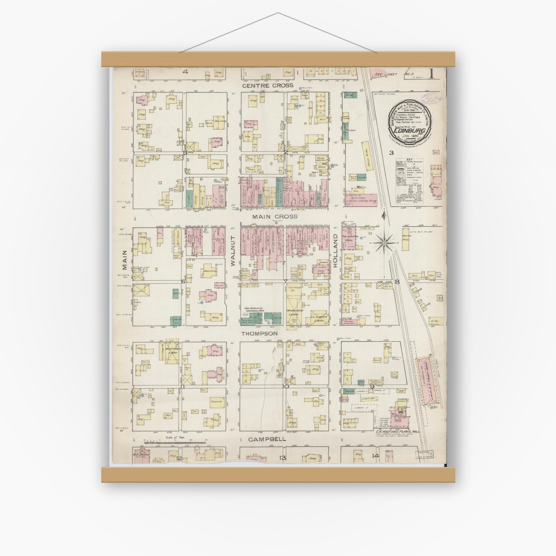 Old map wall art mockup — magnetic wood frame on white wall — Sanborn Fire Insurance Map from Edinburg, Johnson And Bartholomew Counties, Indiana (1886) - Complete Map Set