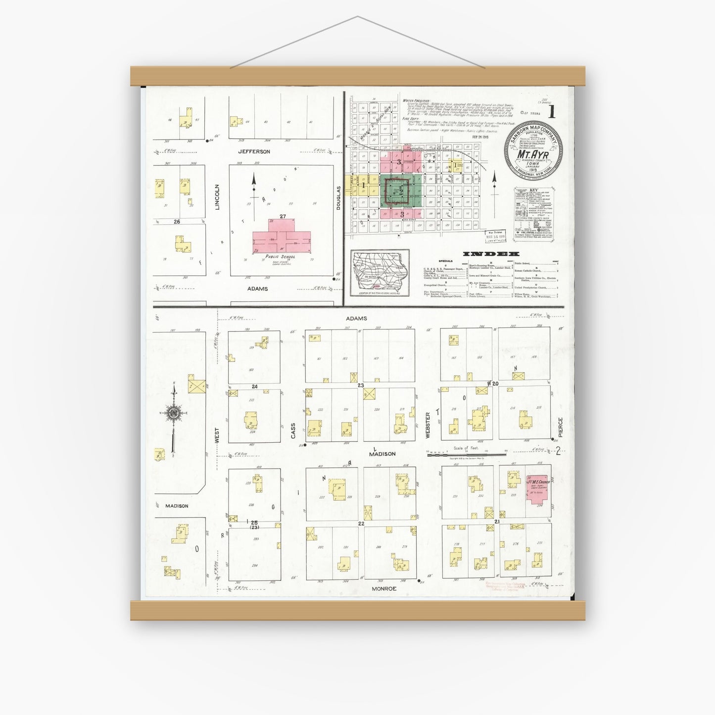 Old map wall art mockup — magnetic wood frame on white wall — Sanborn Fire Insurance Map from Mount Ayr, Ringgold County, Iowa (1919) â€” Complete Set
