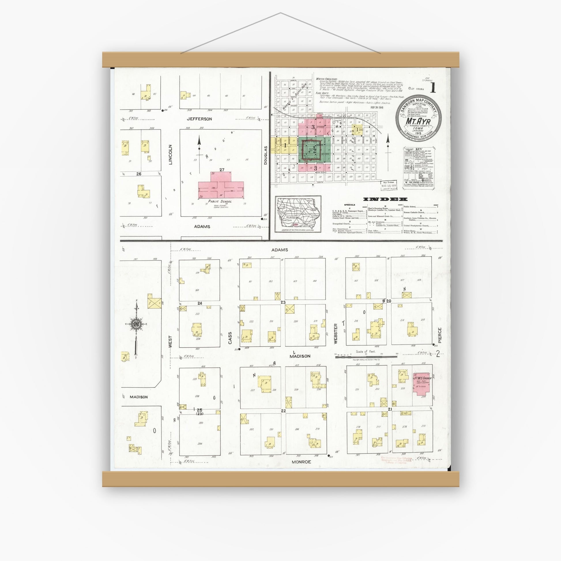 Old map wall art mockup — magnetic wood frame on white wall — Sanborn Fire Insurance Map from Mount Ayr, Ringgold County, Iowa (1919) â€” Complete Set