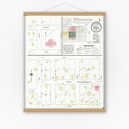 Old map wall art mockup — magnetic wood frame on white wall — Sanborn Fire Insurance Map from Mount Ayr, Ringgold County, Iowa (1919) â€” Complete Set