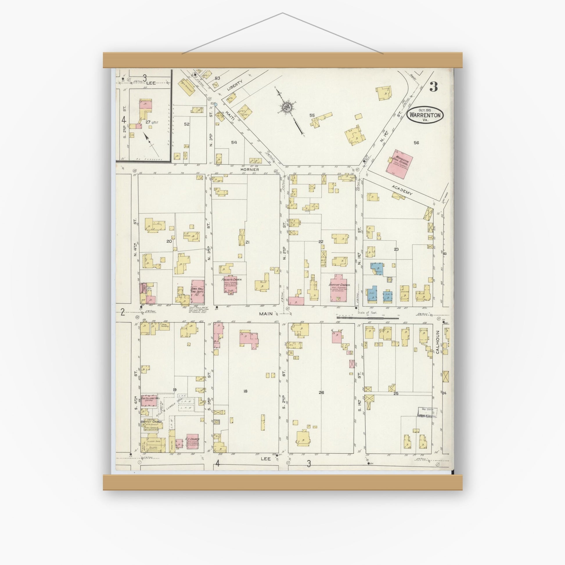 Old map wall art mockup — magnetic wood frame on white wall — Sanborn Fire Insurance Map from Warrenton, Fauquier County, Virginia (1915), Sheet #0003