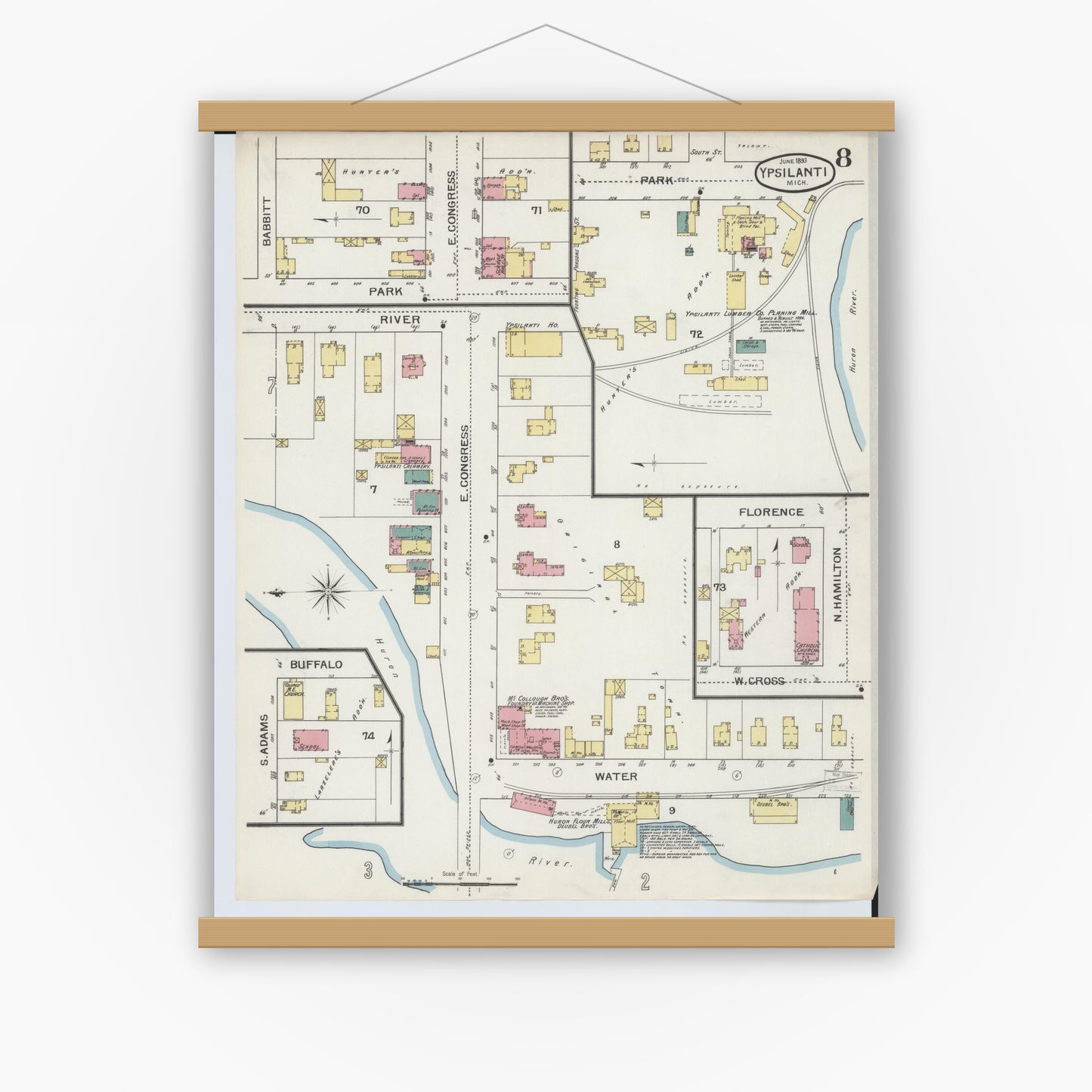 Old map wall art mockup — magnetic wood frame on white wall — Sanborn Fire Insurance Map from Ypsilanti, Washtenaw County, Michigan (1893), Sheet #0008