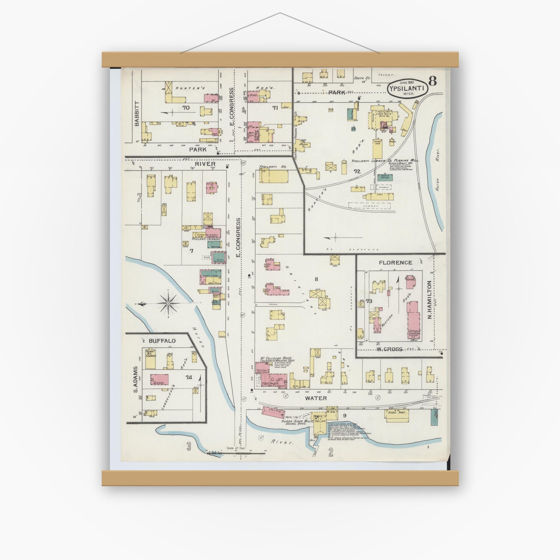 Old map wall art mockup — magnetic wood frame on white wall — Sanborn Fire Insurance Map from Ypsilanti, Washtenaw County, Michigan (1893), Sheet #0008