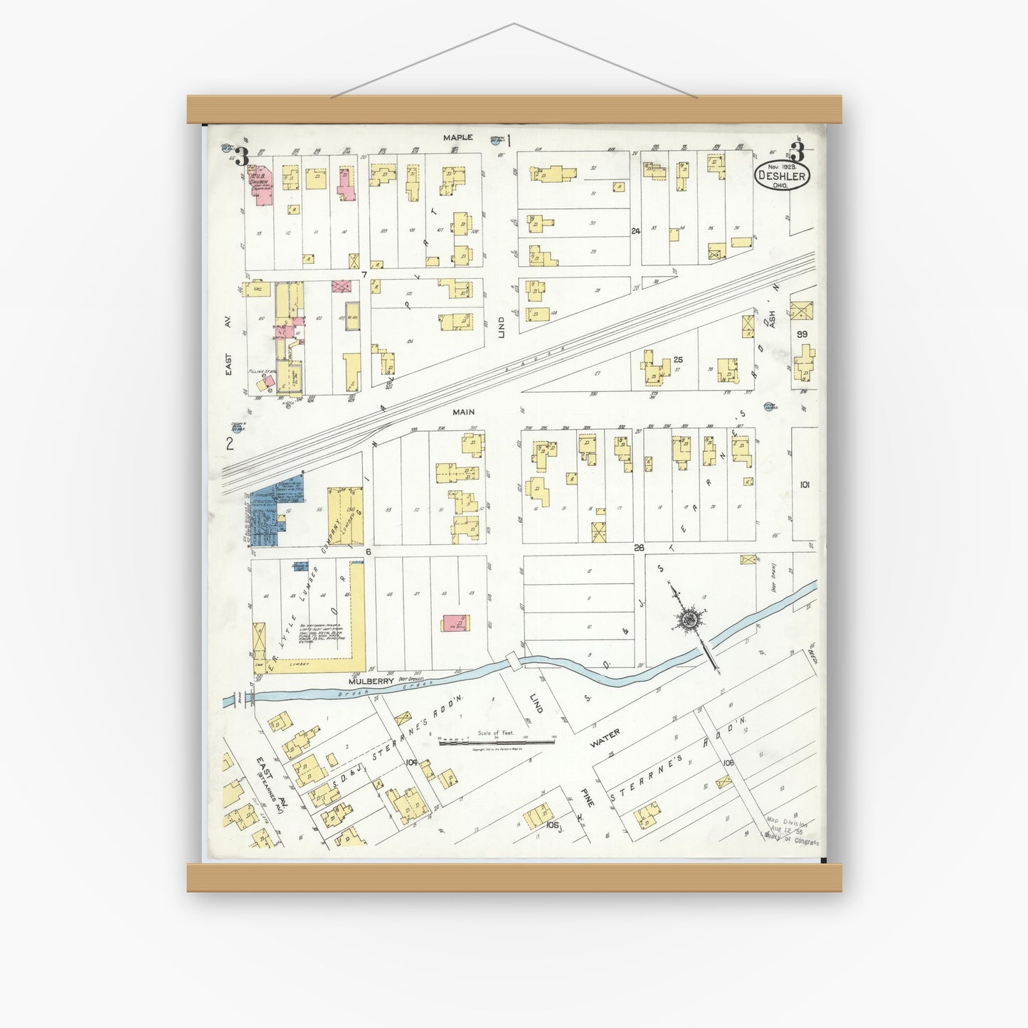 Old map wall art mockup — magnetic wood frame on white wall — Sanborn Fire Insurance Map from Deshler, Henry County, Ohio (1923), Sheet #0003