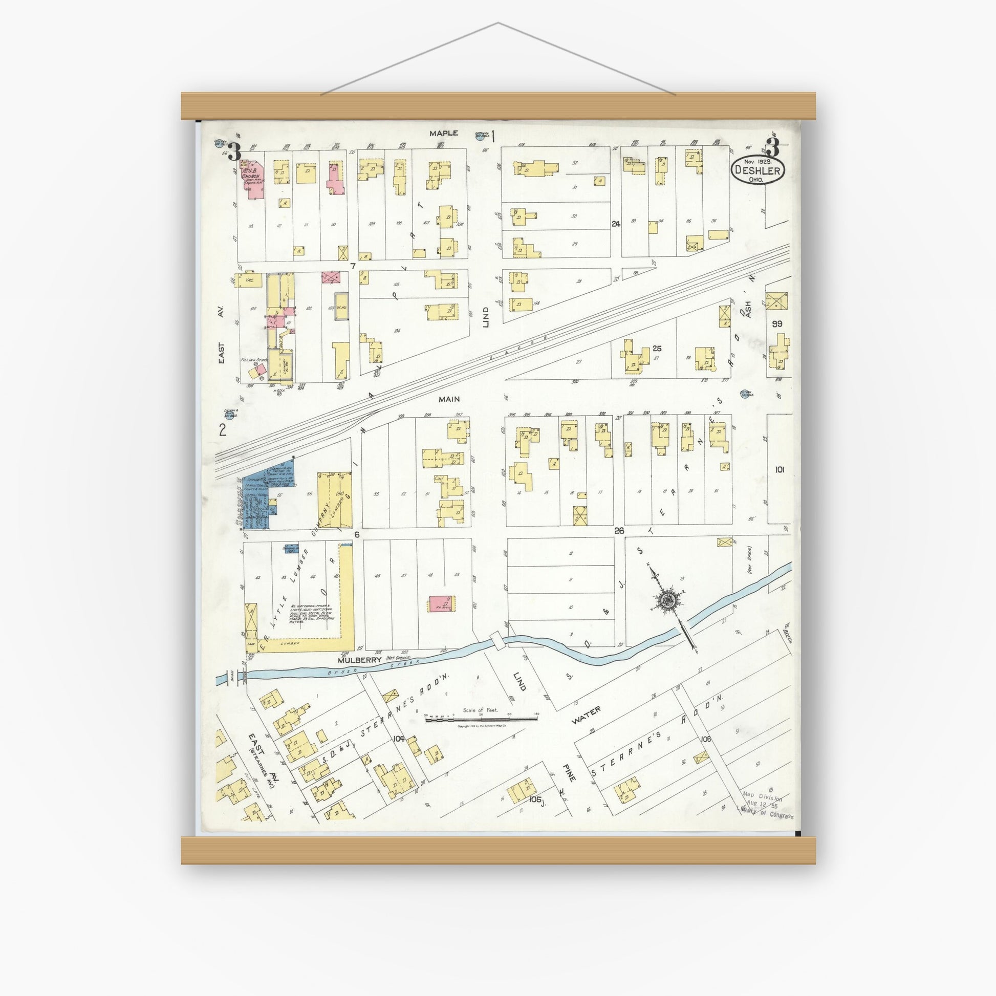 Old map wall art mockup — magnetic wood frame on white wall — Sanborn Fire Insurance Map from Deshler, Henry County, Ohio (1923), Sheet #0003