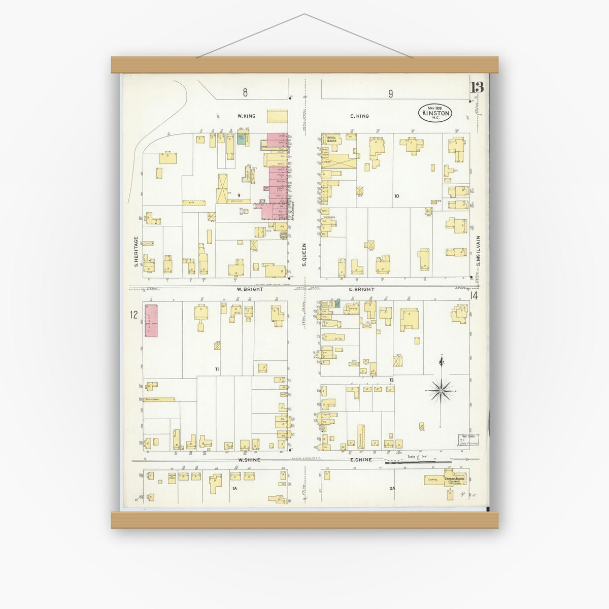 Old map wall art mockup — magnetic wood frame on white wall — Sanborn Fire Insurance Map from Kinston, Lenoir County, North Carolina (1908), Sheet #0013