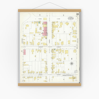 Old map wall art mockup — magnetic wood frame on white wall — Sanborn Fire Insurance Map from Kinston, Lenoir County, North Carolina (1908), Sheet #0013