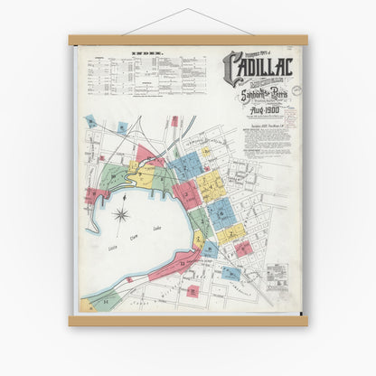 Old map wall art mockup — magnetic wood frame on white wall — Sanborn Fire Insurance Map from Cadillac, Wexford County, Michigan (1900) - Complete Map Set
