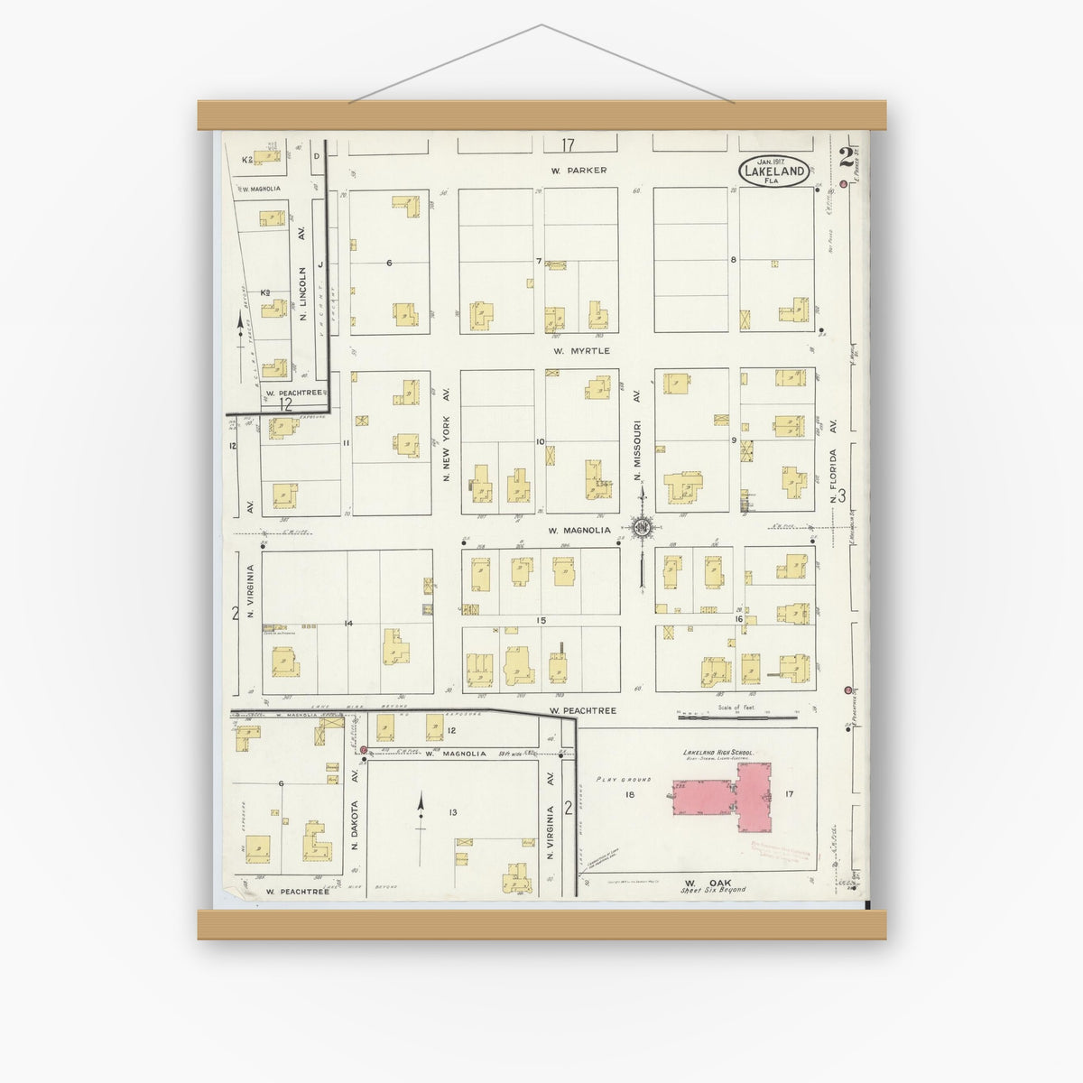 Old map wall art mockup — magnetic wood frame on white wall — Sanborn Fire Insurance Map from Lakeland, Polk County, Florida (1917), Sheet #0002