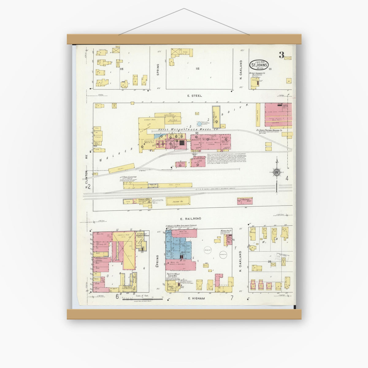 Old map wall art mockup — magnetic wood frame on white wall — Sanborn Fire Insurance Map from Saint Johns, Clinton County, Michigan (1918), Sheet #0003