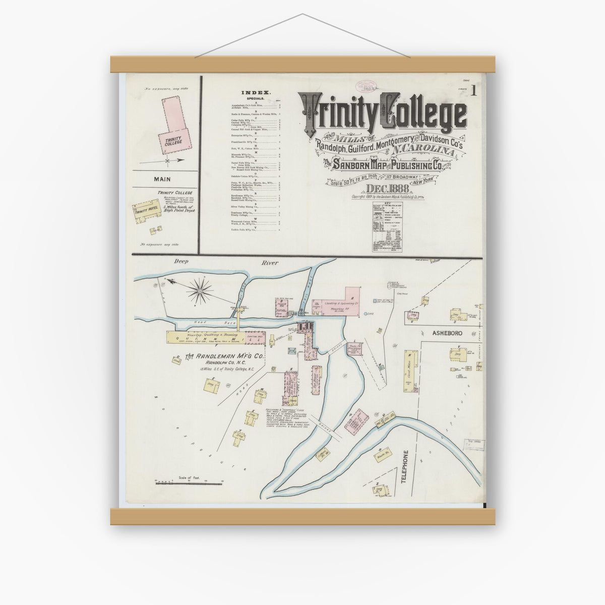 Old map wall art mockup — magnetic wood frame on white wall — Sanborn Fire Insurance Map from Trinity College, Randolph County, North Carolina (1888) - Complete Map Set