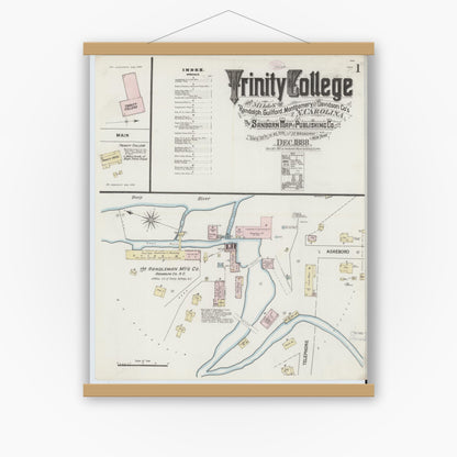 Old map wall art mockup — magnetic wood frame on white wall — Sanborn Fire Insurance Map from Trinity College, Randolph County, North Carolina (1888) - Complete Map Set