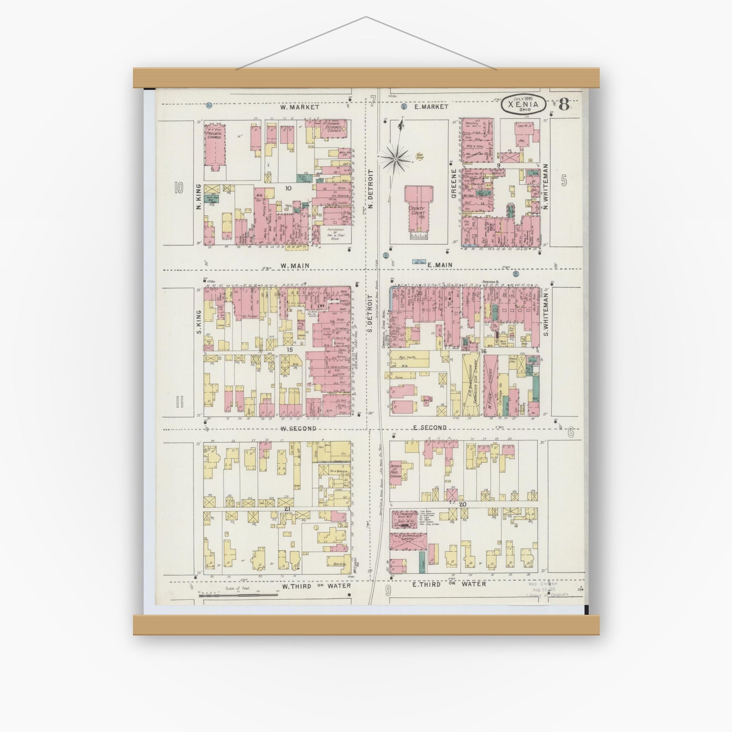 Old map wall art mockup — magnetic wood frame on white wall — Sanborn Fire Insurance Map from Xenia, Greene County, Ohio (1895), Sheet #0008