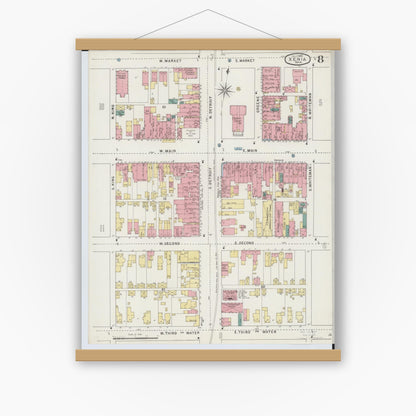 Old map wall art mockup — magnetic wood frame on white wall — Sanborn Fire Insurance Map from Xenia, Greene County, Ohio (1895), Sheet #0008