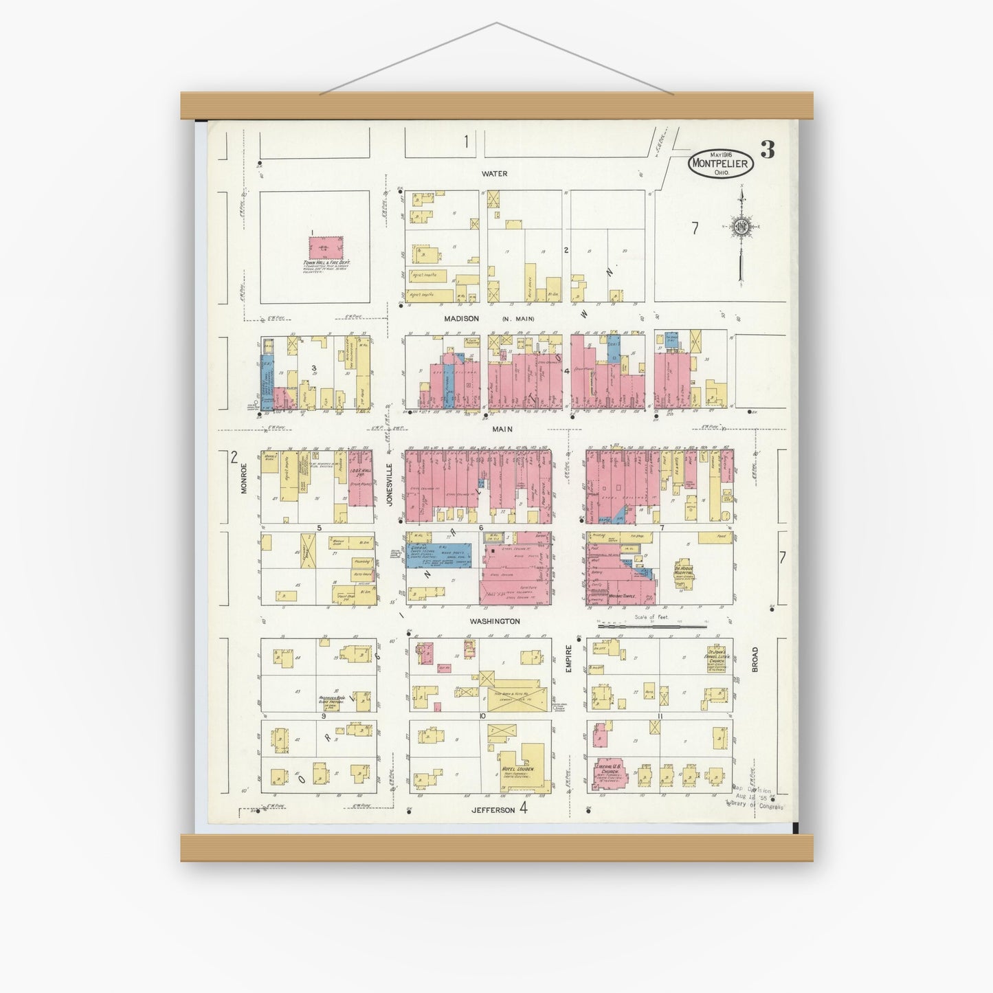 Old map wall art mockup — magnetic wood frame on white wall — Sanborn Fire Insurance Map from Montpelier, Williams County, Ohio (1916), Sheet #0003