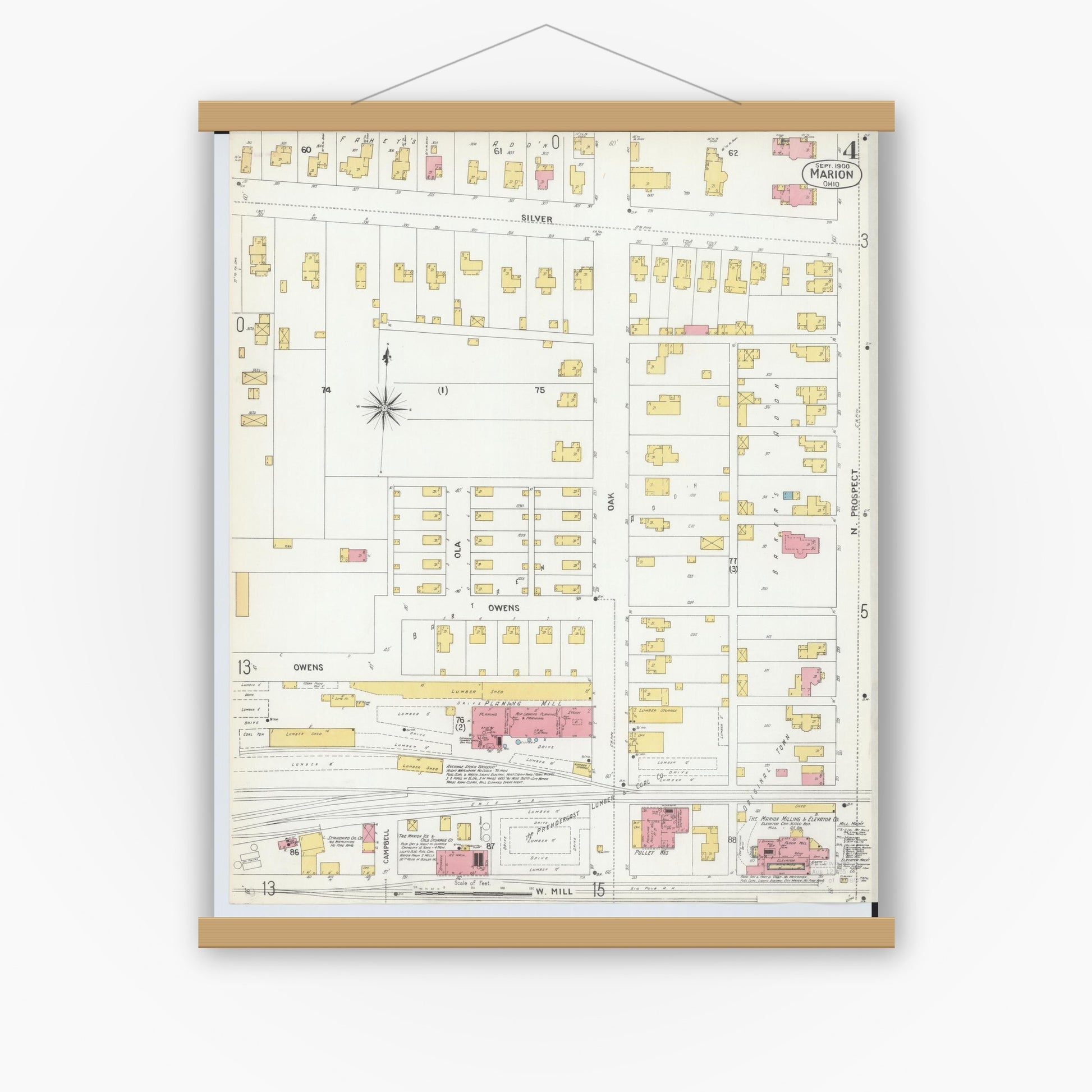 Old map wall art mockup — magnetic wood frame on white wall — Sanborn Fire Insurance Map from Marion, Marion County, Ohio (1900), Sheet #0004