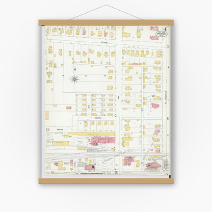 Old map wall art mockup — magnetic wood frame on white wall — Sanborn Fire Insurance Map from Marion, Marion County, Ohio (1900), Sheet #0004
