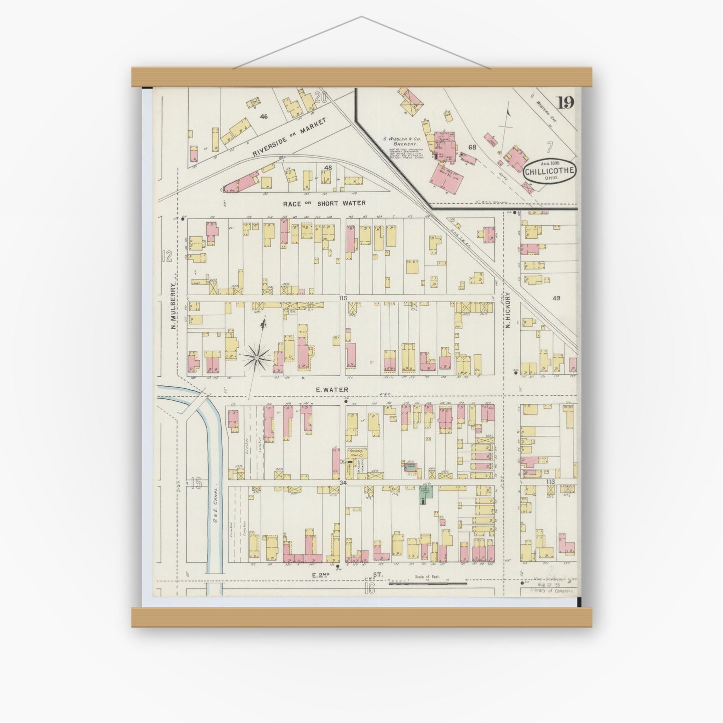 Old map wall art mockup — magnetic wood frame on white wall — Sanborn Fire Insurance Map from Chillicothe, Ross County, Ohio (1895), Sheet #0019