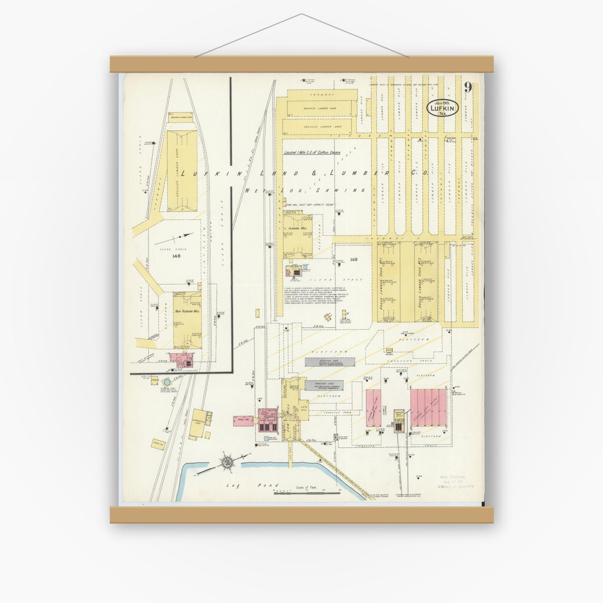 Old map wall art mockup — magnetic wood frame on white wall — Sanborn Fire Insurance Map from Lufkin, Angelina County, Texas (1915), Sheet #0009