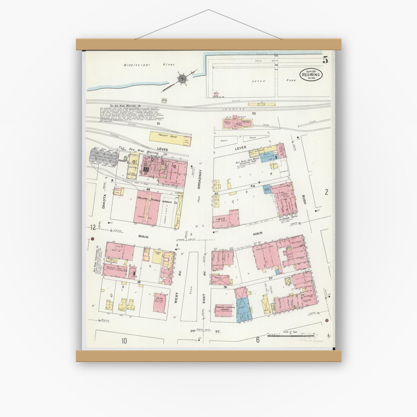 Old map wall art mockup — magnetic wood frame on white wall — Sanborn Fire Insurance Map from Red Wing, Goodhue County, Minnesota (1910), Sheet #0005