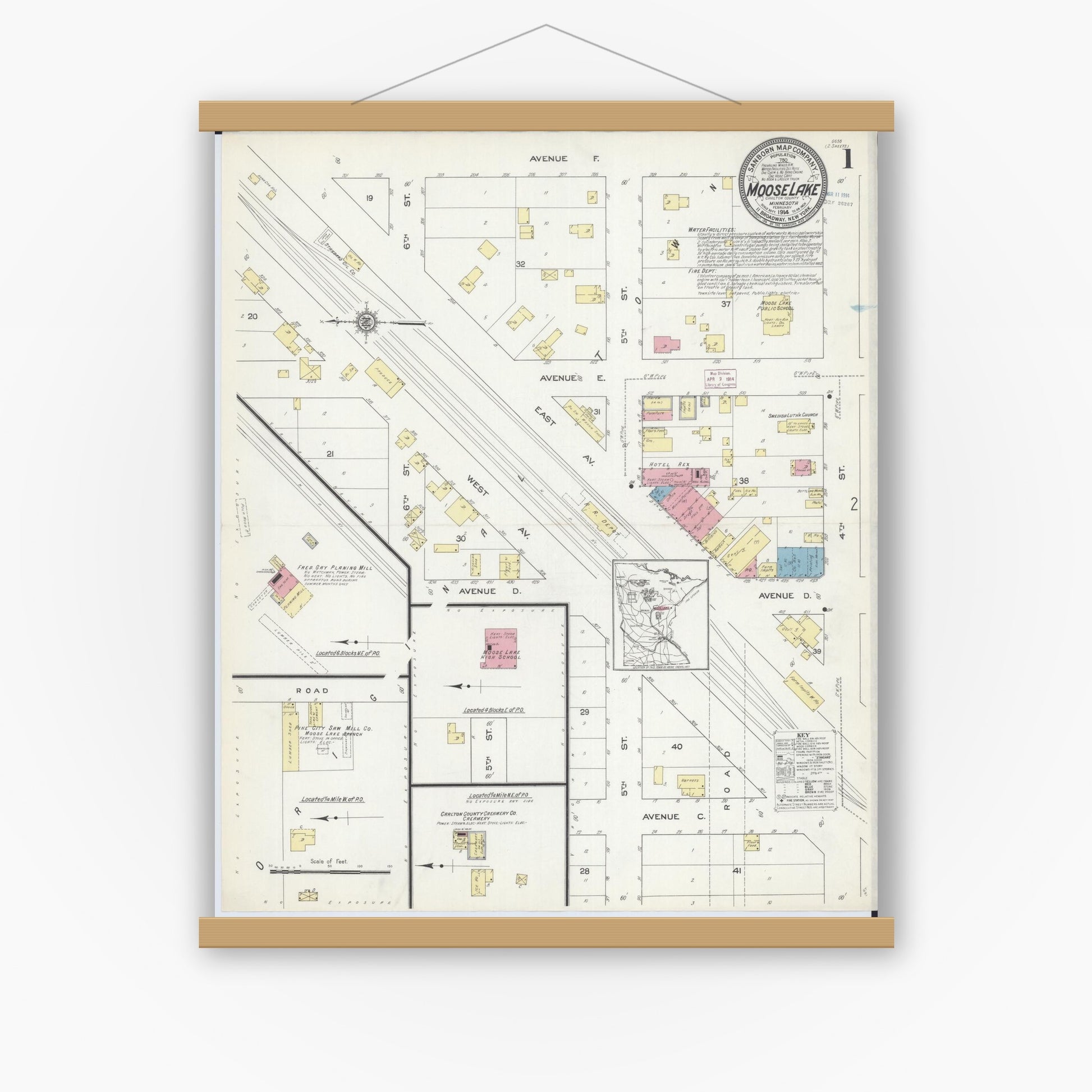 Old map wall art mockup — magnetic wood frame on white wall — Sanborn Fire Insurance Map from Moose Lake, Carlton County, Minnesota (1914) - Complete Map Set