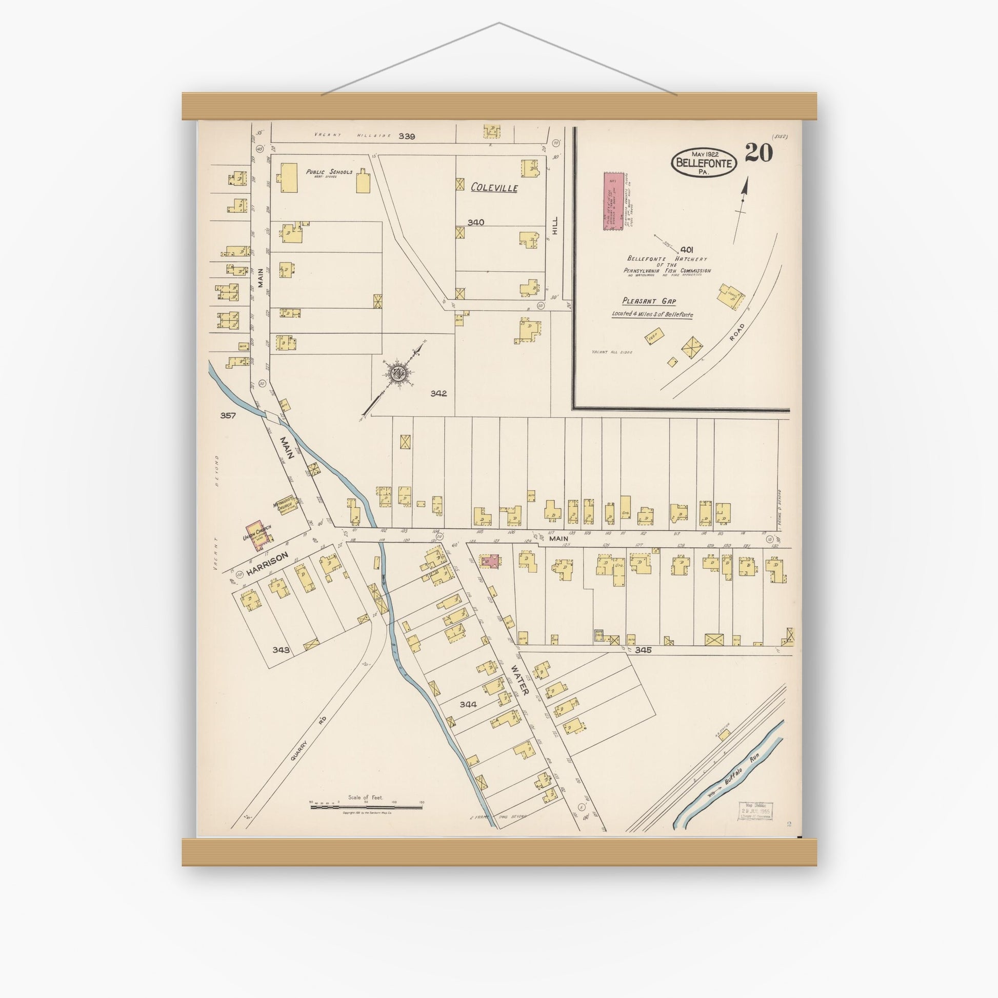 Old map wall art mockup — magnetic wood frame on white wall — Sanborn Fire Insurance Map from Bellefonte, Centre County, Pennsylvania (1922), Sheet #0020