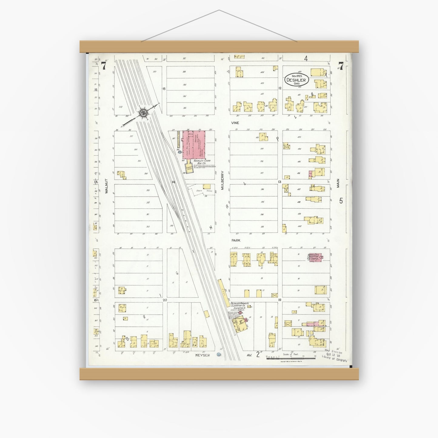 Old map wall art mockup — magnetic wood frame on white wall — Sanborn Fire Insurance Map from Deshler, Henry County, Ohio (1923), Sheet #0007