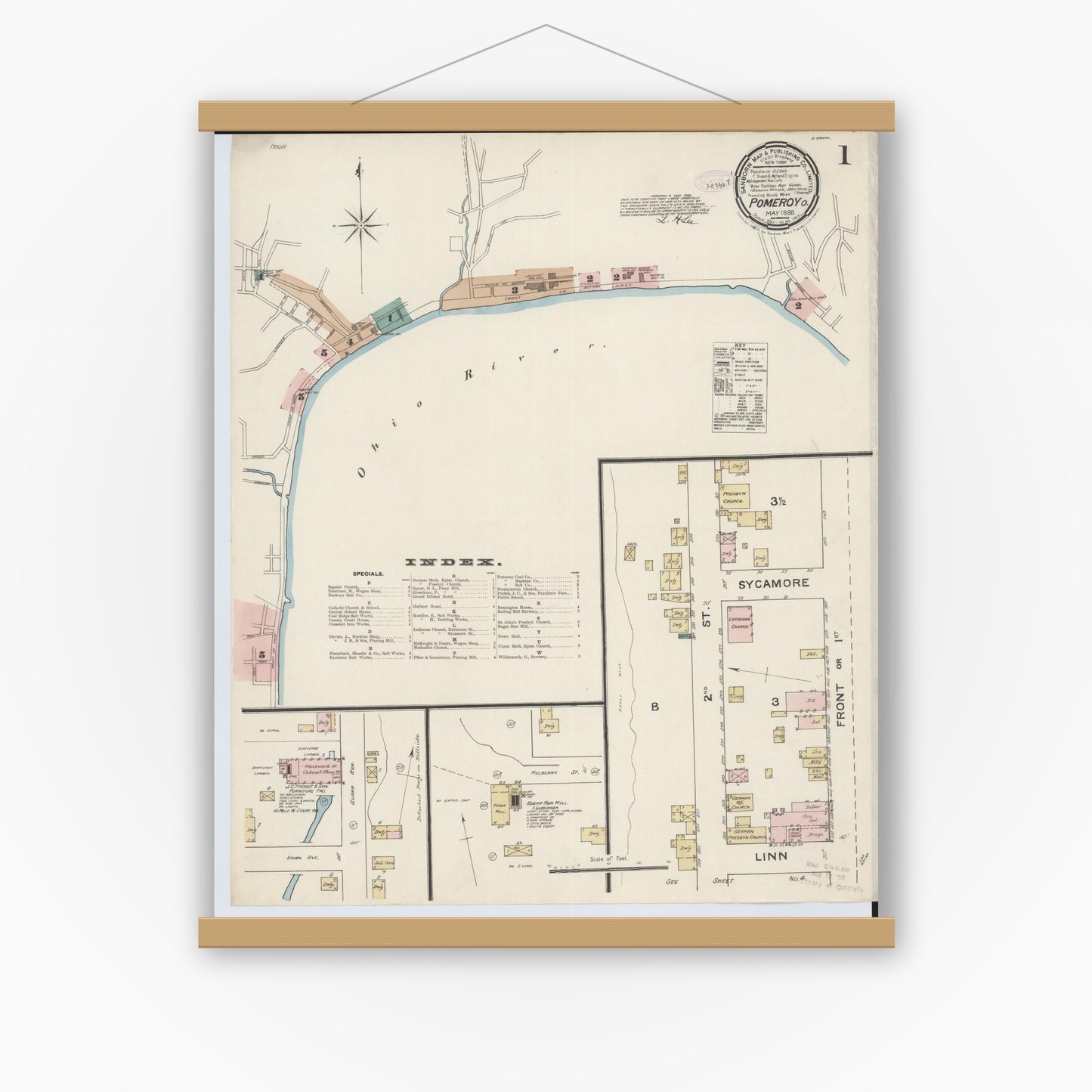 Old map wall art mockup — magnetic wood frame on white wall — Sanborn Fire Insurance Map from Pomeroy, Meigs County, Ohio (1888) - Complete Map Set