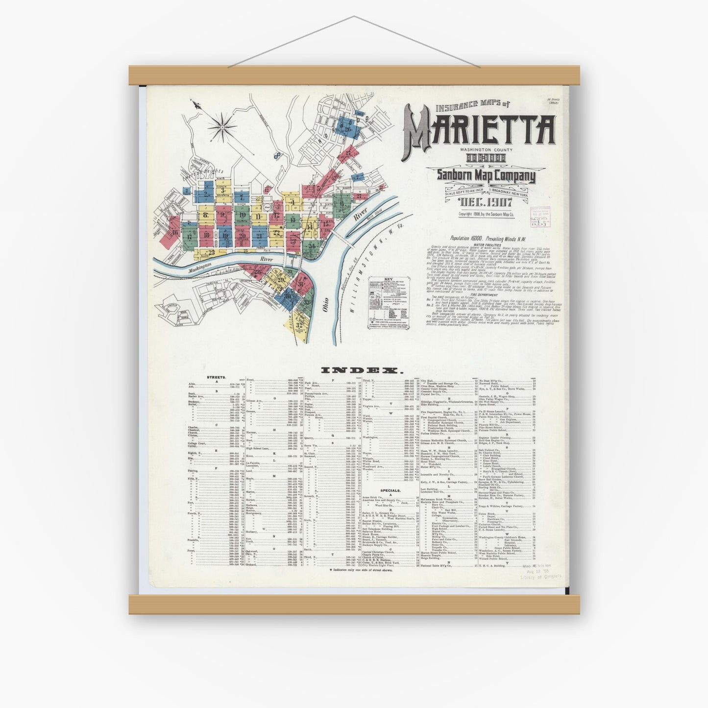 Old map wall art mockup — magnetic wood frame on white wall — Sanborn Fire Insurance Map from Marietta, Washington County, Ohio (1907), Sheet #0001