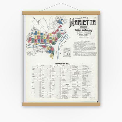 Old map wall art mockup — magnetic wood frame on white wall — Sanborn Fire Insurance Map from Marietta, Washington County, Ohio (1907), Sheet #0001