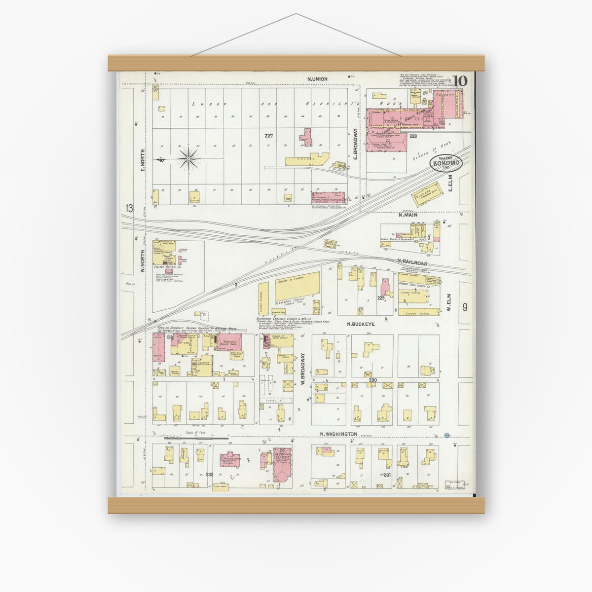 Old map wall art mockup — magnetic wood frame on white wall — Sanborn Fire Insurance Map from Kokomo, Howard County, Indiana (1902), Sheet #0010