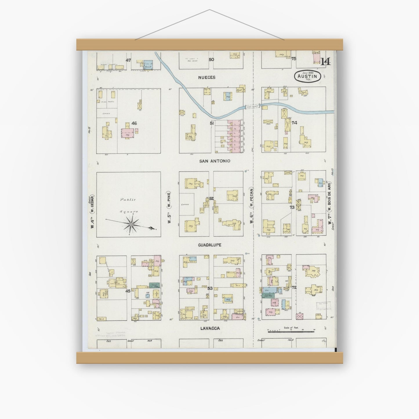 Old map wall art mockup — magnetic wood frame on white wall — Sanborn Fire Insurance Map from Austin, Travis County, Texas (1889), Sheet #0014