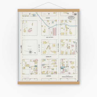 Old map wall art mockup — magnetic wood frame on white wall — Sanborn Fire Insurance Map from Austin, Travis County, Texas (1889), Sheet #0014