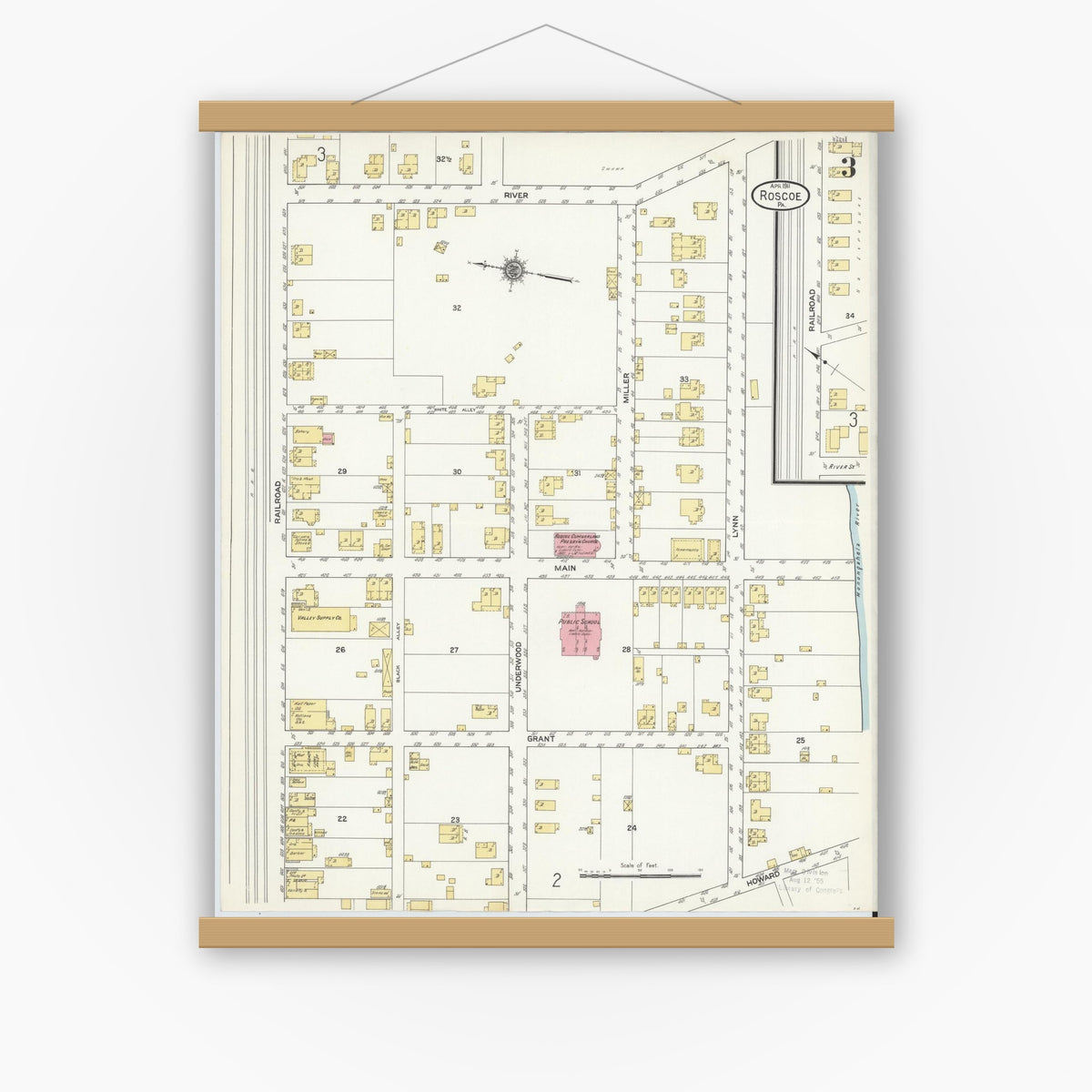 Old map wall art mockup — magnetic wood frame on white wall — Sanborn Fire Insurance Map from Roscoe, Washington County, Pennsylvania (1911), Sheet #0003