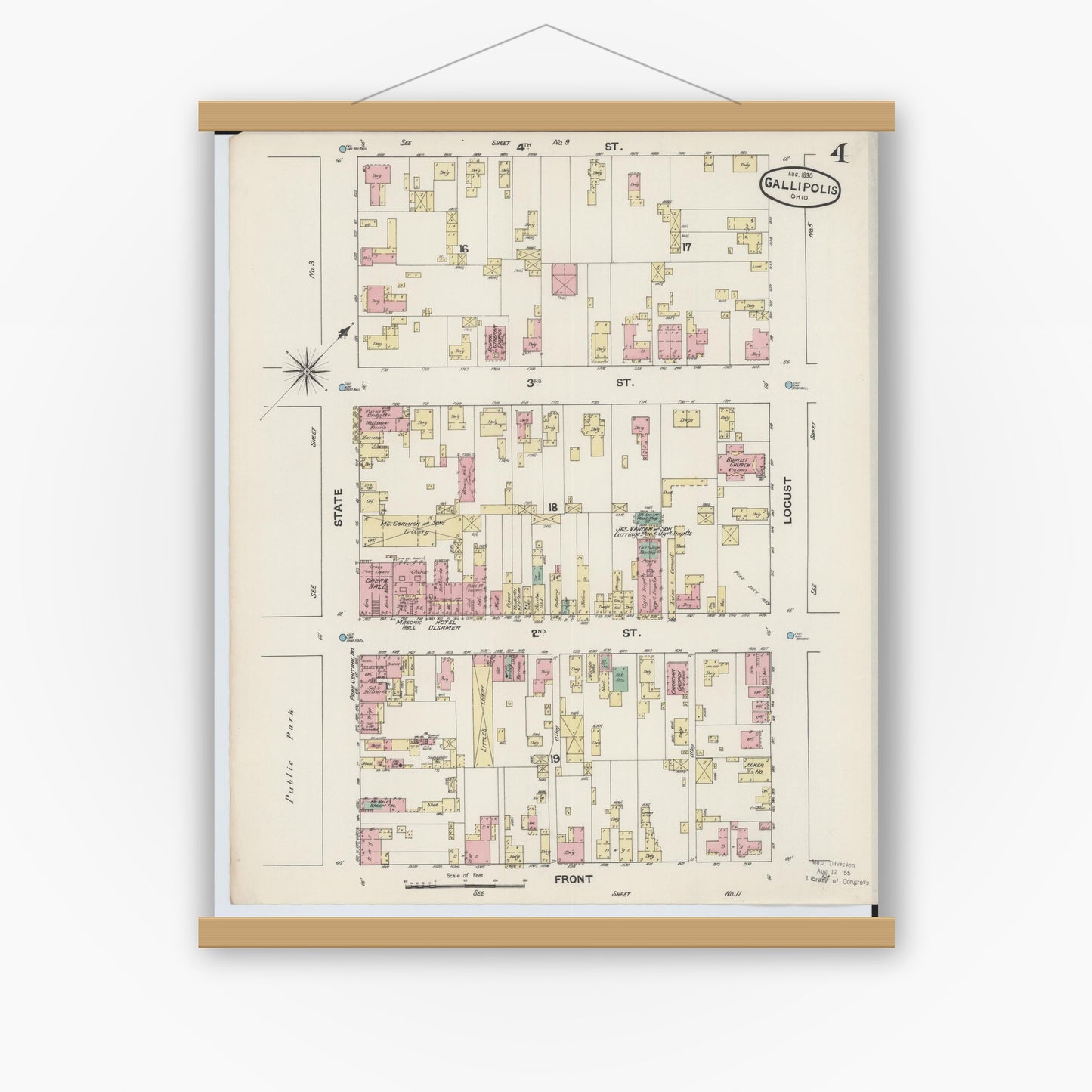 Old map wall art mockup — magnetic wood frame on white wall — Sanborn Fire Insurance Map from Gallipolis, Gallia County, Ohio (1890), Sheet #0004