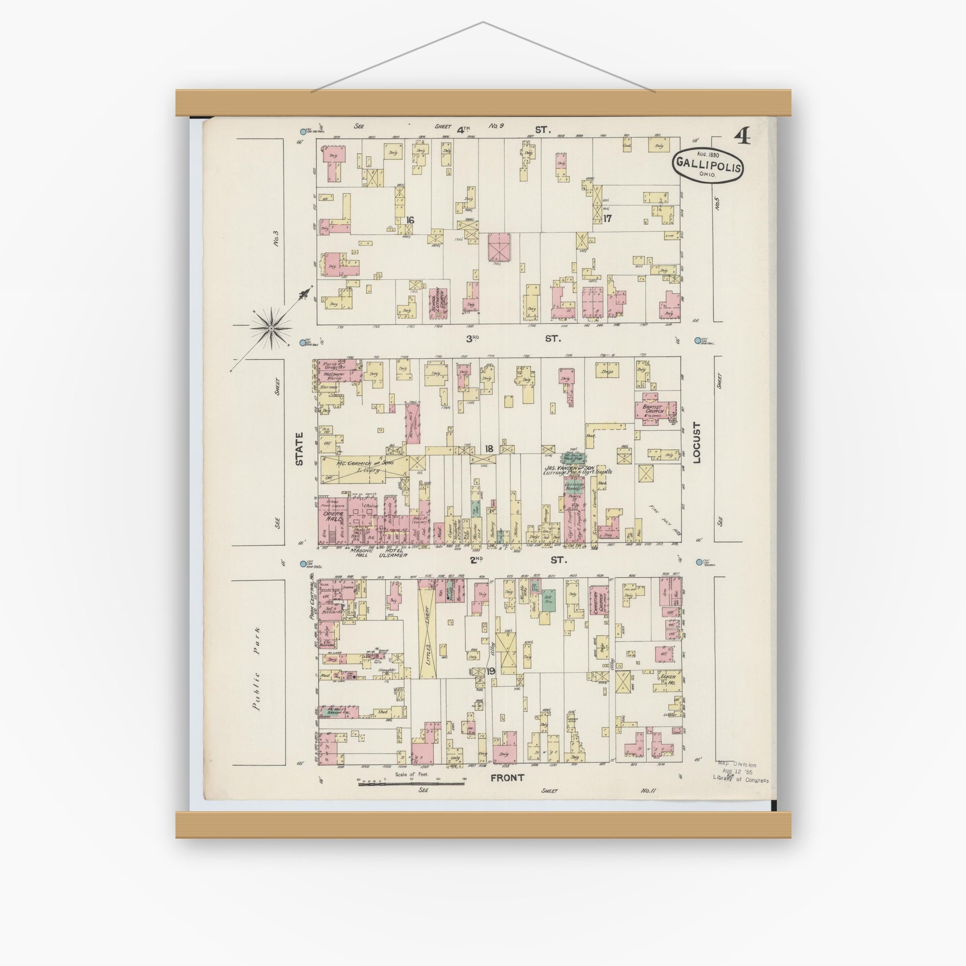 Old map wall art mockup — magnetic wood frame on white wall — Sanborn Fire Insurance Map from Gallipolis, Gallia County, Ohio (1890), Sheet #0004