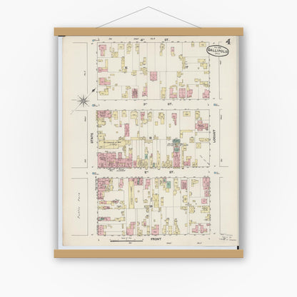 Old map wall art mockup — magnetic wood frame on white wall — Sanborn Fire Insurance Map from Gallipolis, Gallia County, Ohio (1890), Sheet #0004