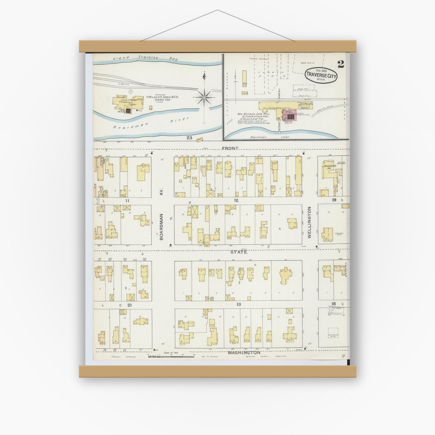Old map wall art mockup — magnetic wood frame on white wall — Sanborn Fire Insurance Map from Traverse City, Grand Traverse County, Michigan (1893), Sheet #0002