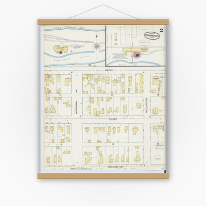 Old map wall art mockup — magnetic wood frame on white wall — Sanborn Fire Insurance Map from Traverse City, Grand Traverse County, Michigan (1893), Sheet #0002