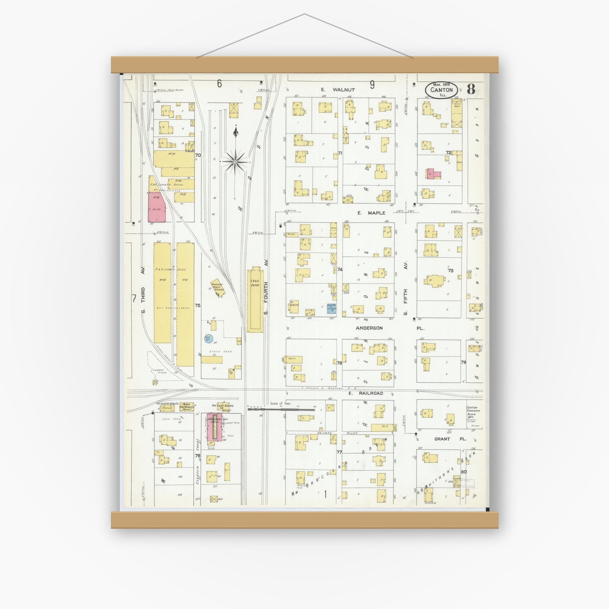 Old map wall art mockup — magnetic wood frame on white wall — Sanborn Fire Insurance Map from Canton, Fulton County, Illinois (1909), Sheet #0008
