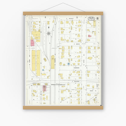 Old map wall art mockup — magnetic wood frame on white wall — Sanborn Fire Insurance Map from Canton, Fulton County, Illinois (1909), Sheet #0008