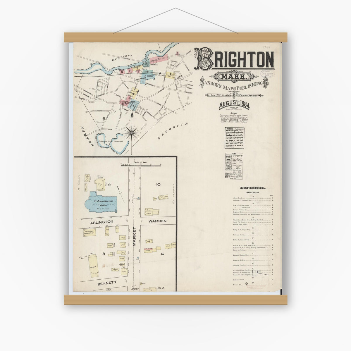Old map wall art mockup — magnetic wood frame on white wall — Sanborn Fire Insurance Map from Brighton, Suffolk County, Massachusetts (1884), Sheet #0001