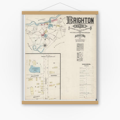 Old map wall art mockup — magnetic wood frame on white wall — Sanborn Fire Insurance Map from Brighton, Suffolk County, Massachusetts (1884), Sheet #0001