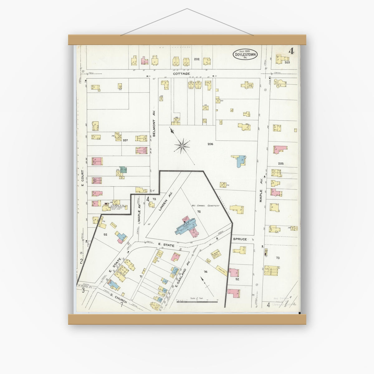 Old map wall art mockup — magnetic wood frame on white wall — Sanborn Fire Insurance Map from Doylestown, Bucks County, Pennsylvania (1909), Sheet #0004