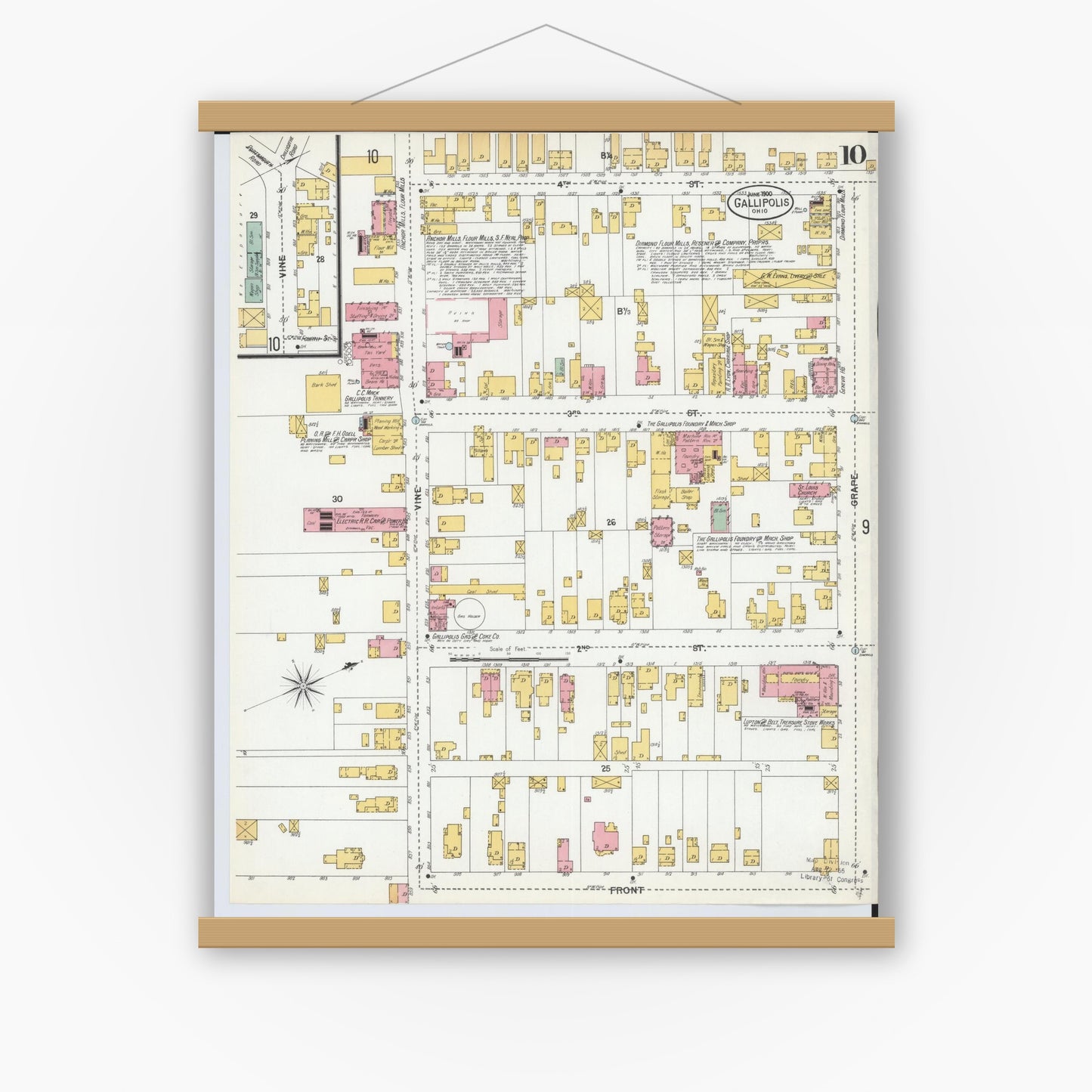 Old map wall art mockup — magnetic wood frame on white wall — Sanborn Fire Insurance Map from Gallipolis, Gallia County, Ohio (1900), Sheet #0010