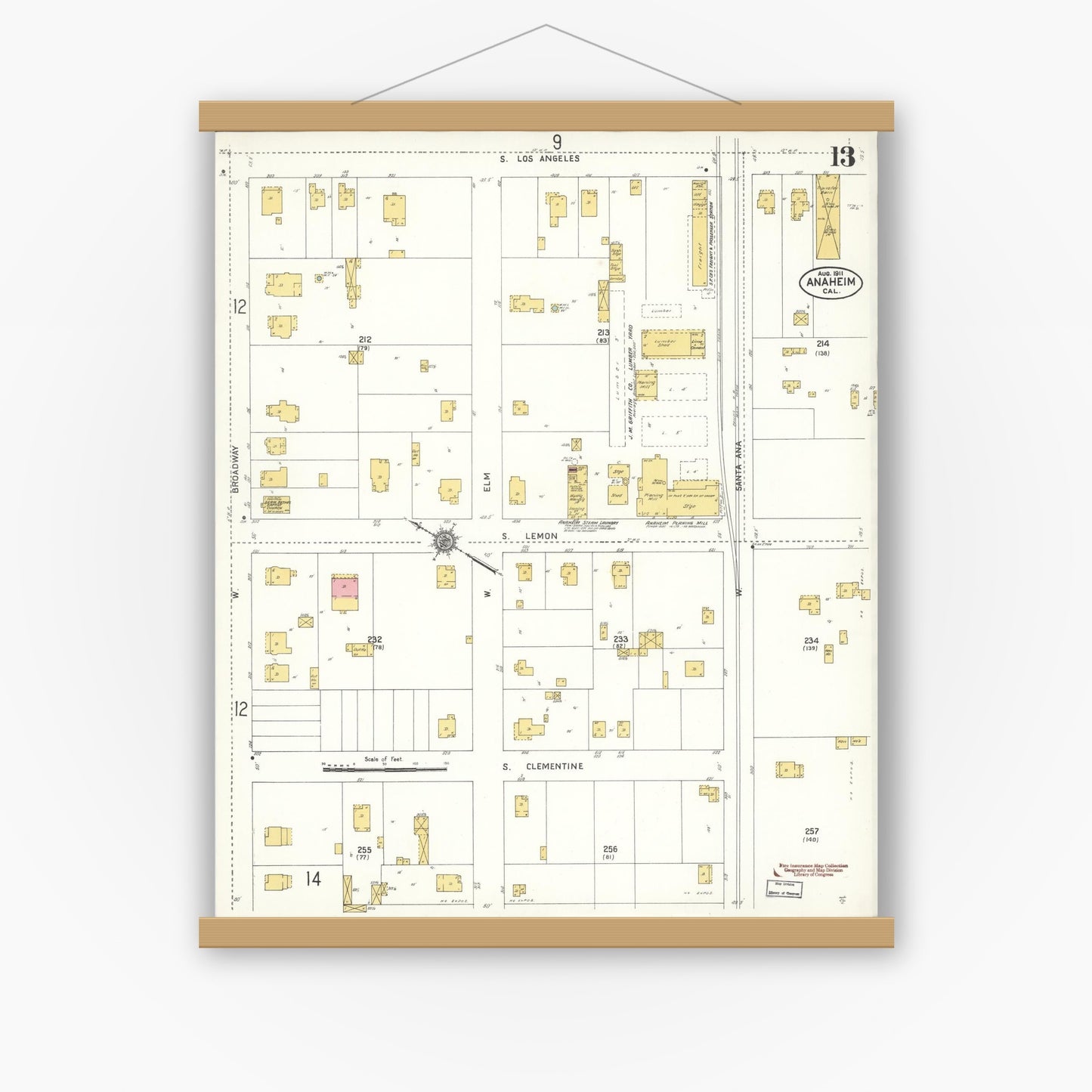 Old map wall art mockup — magnetic wood frame on white wall — Sanborn Fire Insurance Map from Anaheim, Orange County, California (1911), Sheet #0013